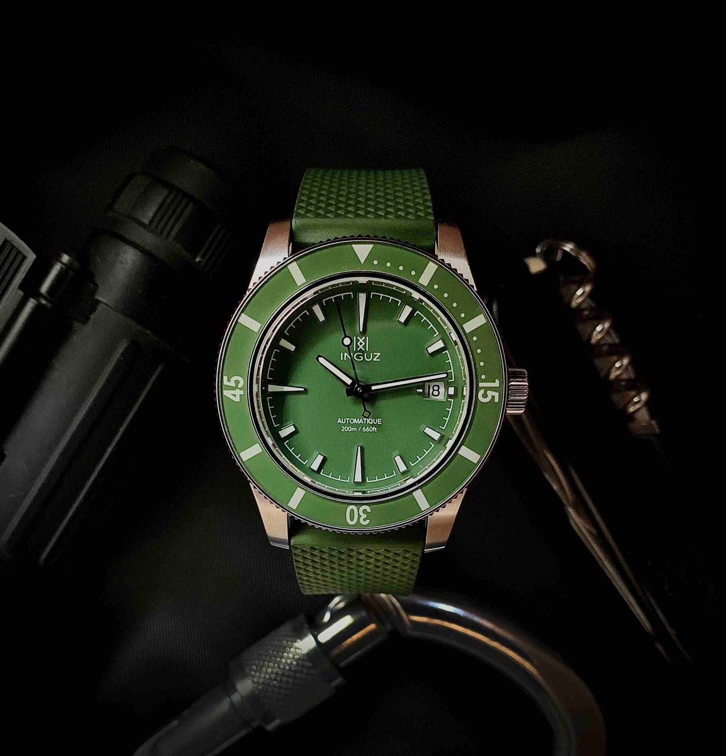 Inguz La Teignouse cadran vert bracelet caoutchouc
