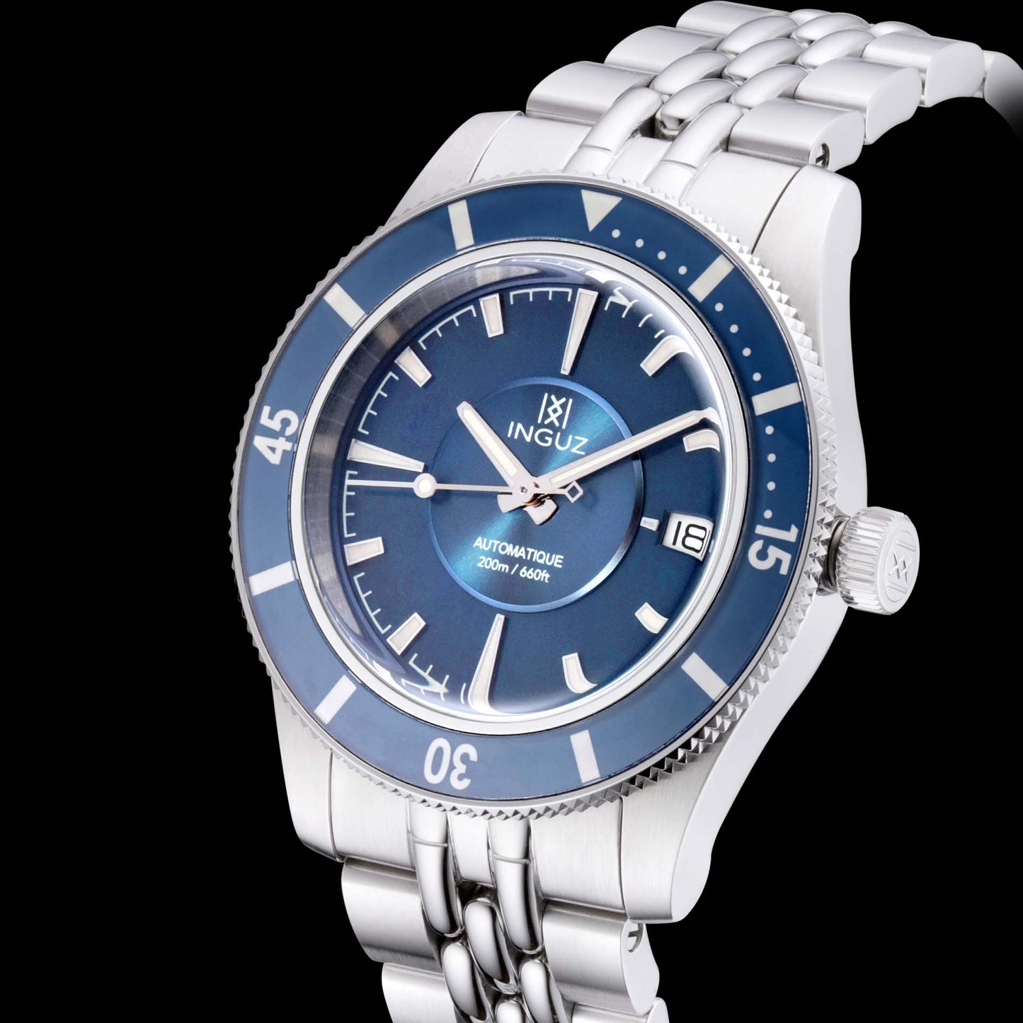 Montre Inguz La Teignouse cadran relief bleu bracelet acier grains de riz