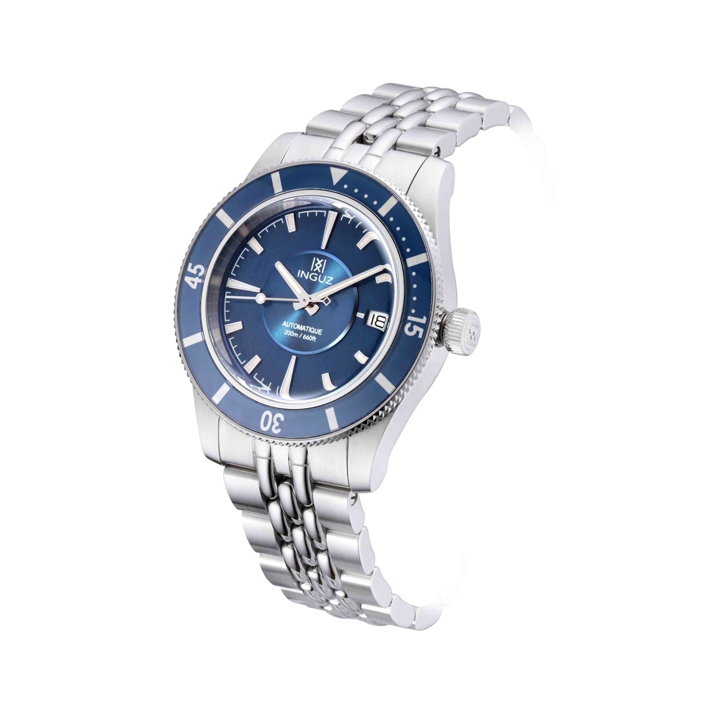 Montre Inguz La Teignouse cadran relief bleu bracelet acier grains de riz