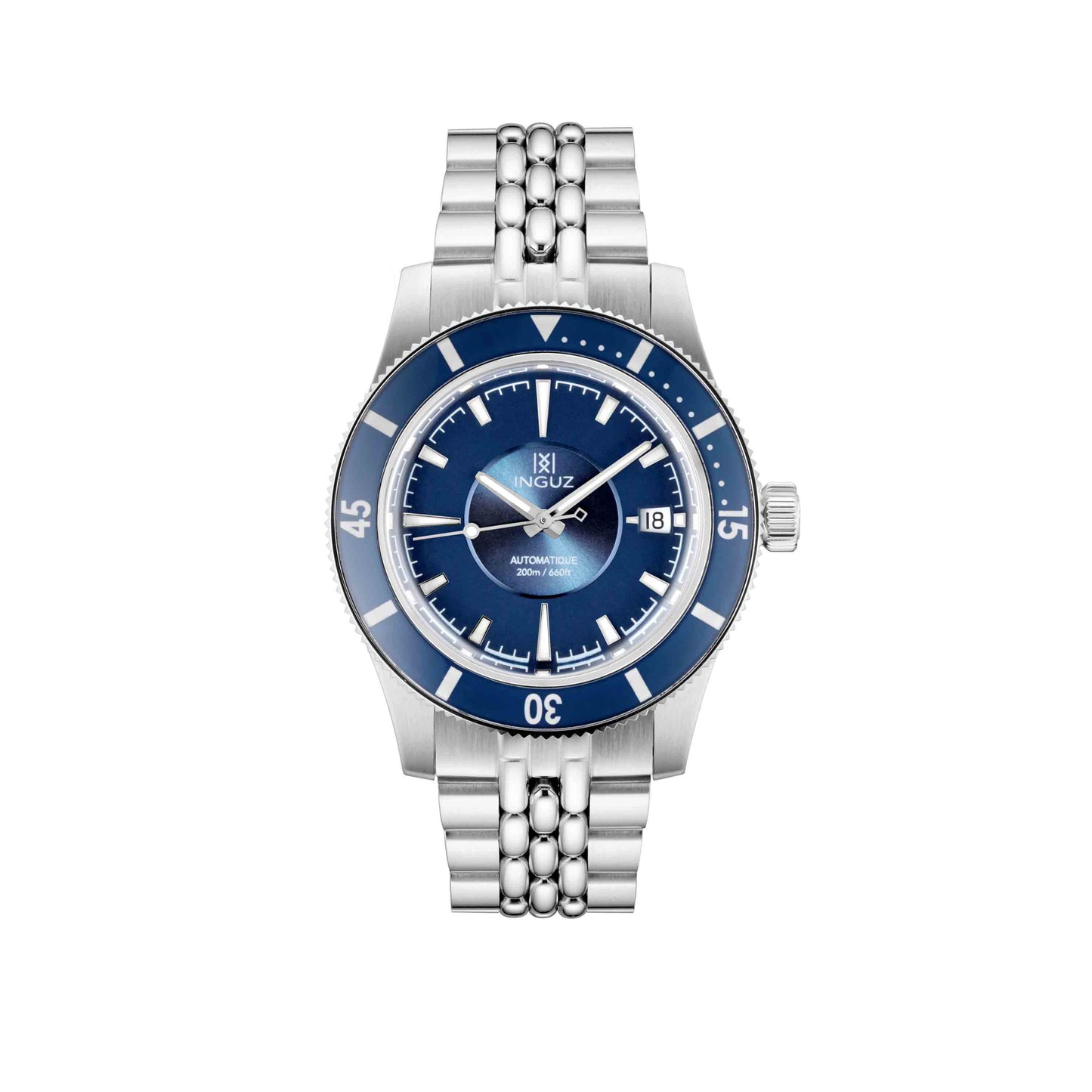 Montre Inguz La Teignouse cadran relief bleu bracelet acier grains de riz