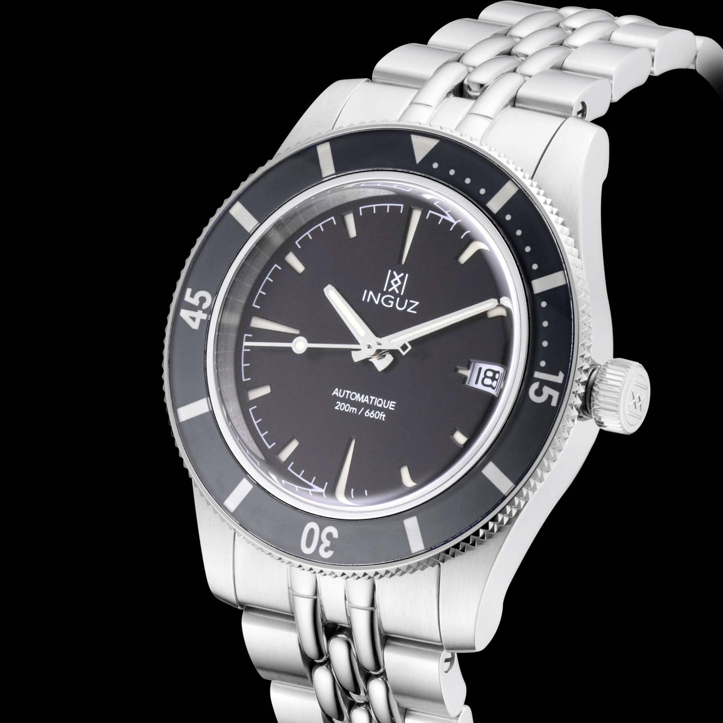 Montre Inguz La Teignouse cadran sandwich noir bracelet acier grains de riz