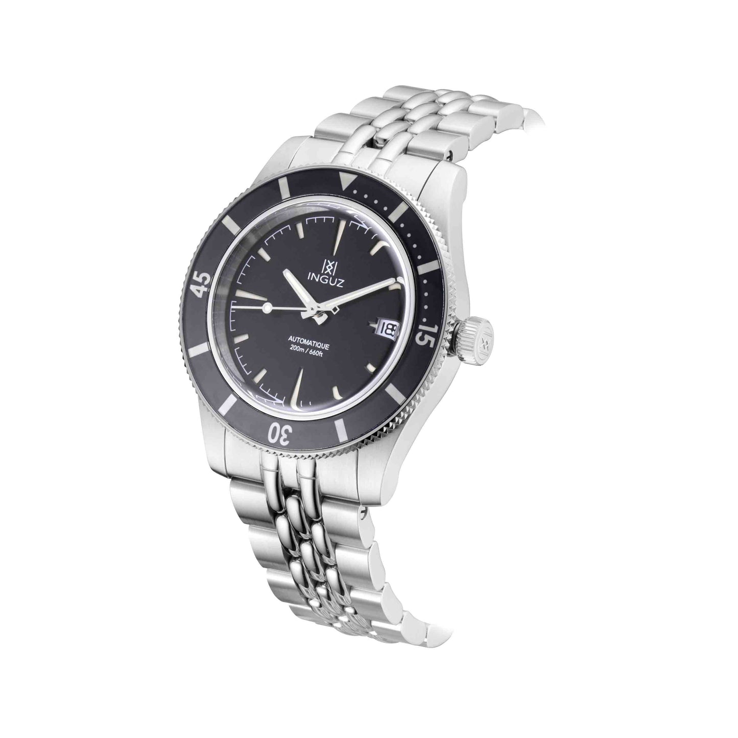 Montre Inguz La Teignouse cadran sandwich noir bracelet acier grains de riz