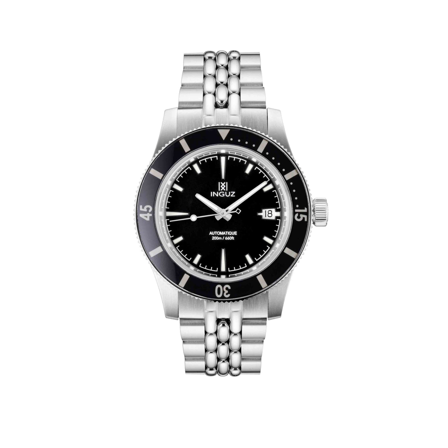 Montre Inguz La Teignouse cadran sandwich noir bracelet acier grains de riz