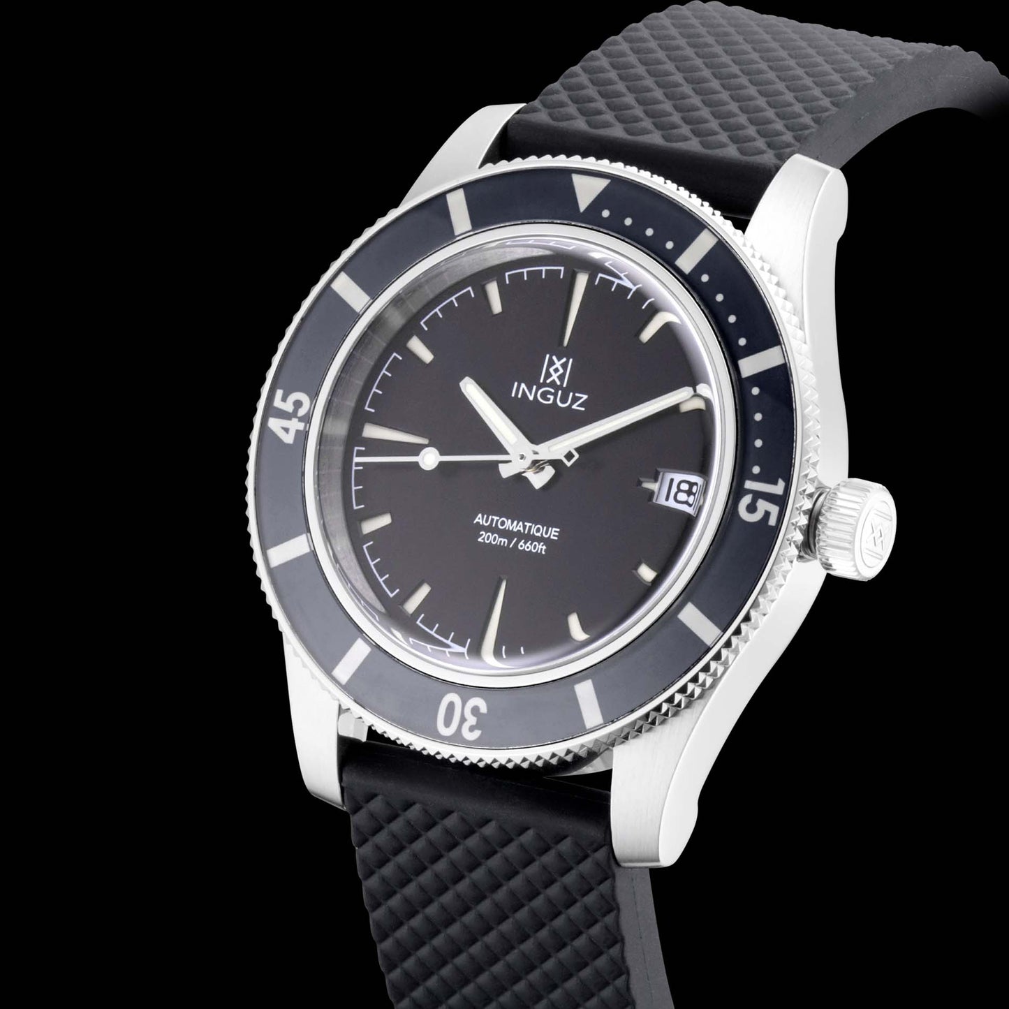 Montre Inguz La Teignouse cadran sandwich noir bracelet caoutchouc