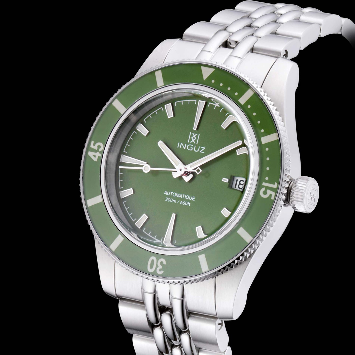 Montre Inguz La Teignouse cadran vert bracelet acier grains de riz