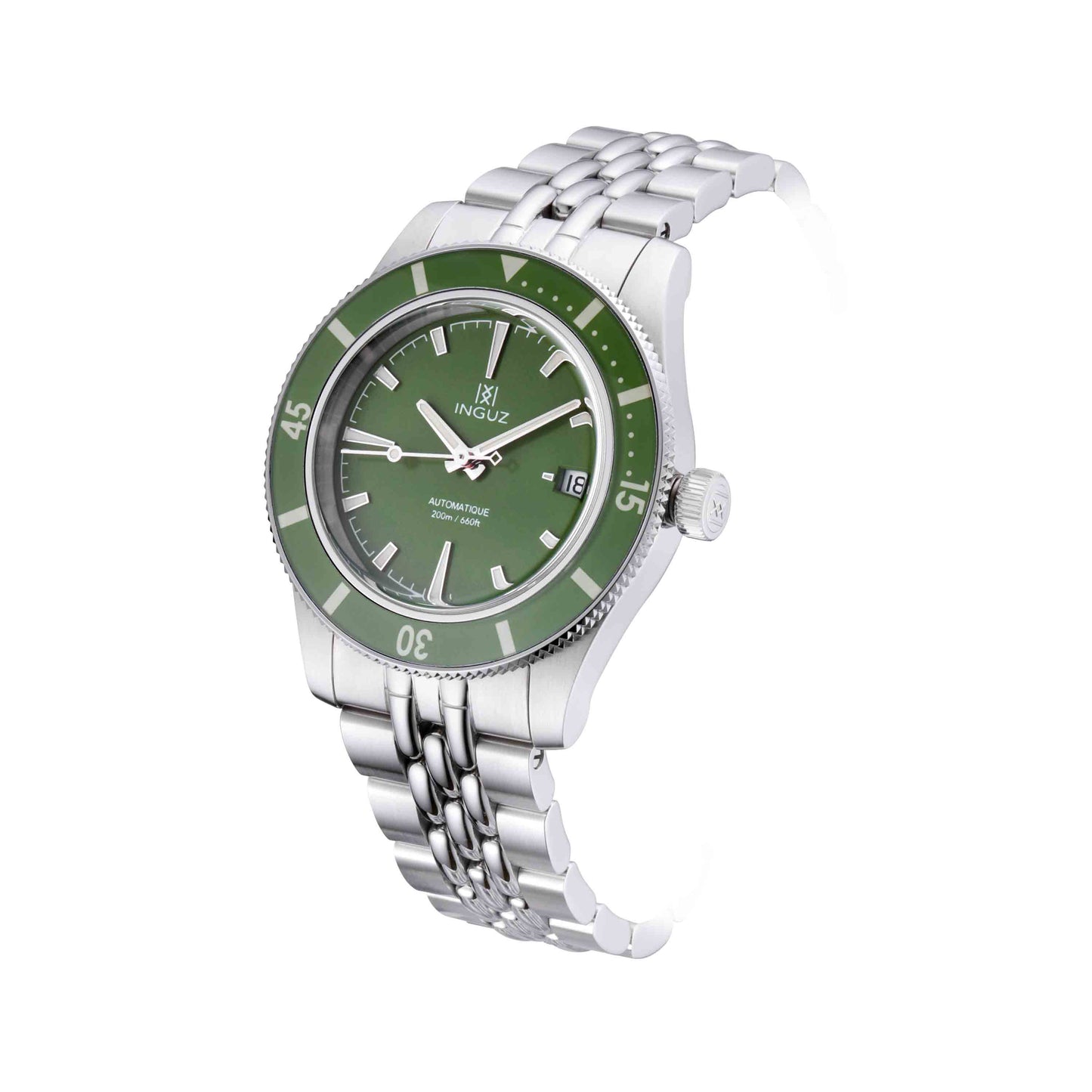 Montre Inguz La Teignouse cadran vert bracelet acier grains de riz