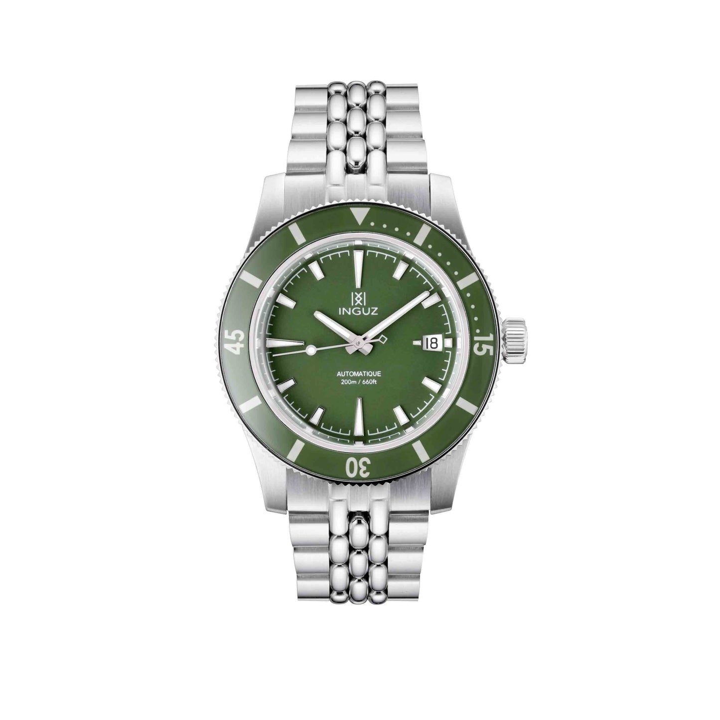 Montre Inguz La Teignouse cadran vert bracelet acier grains de riz