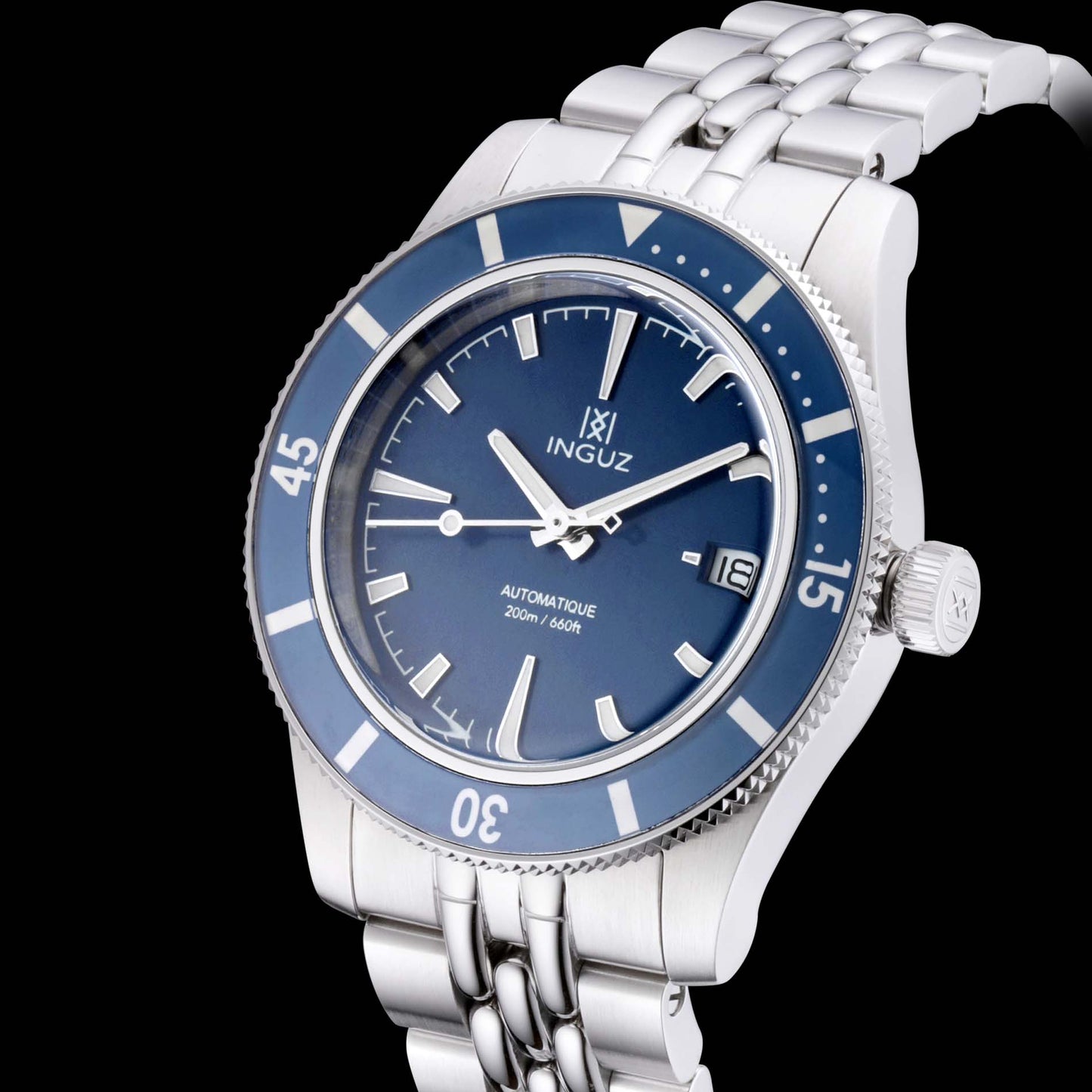 Montre Inguz La Teignouse cadran plat bleu bracelet acier grains de riz