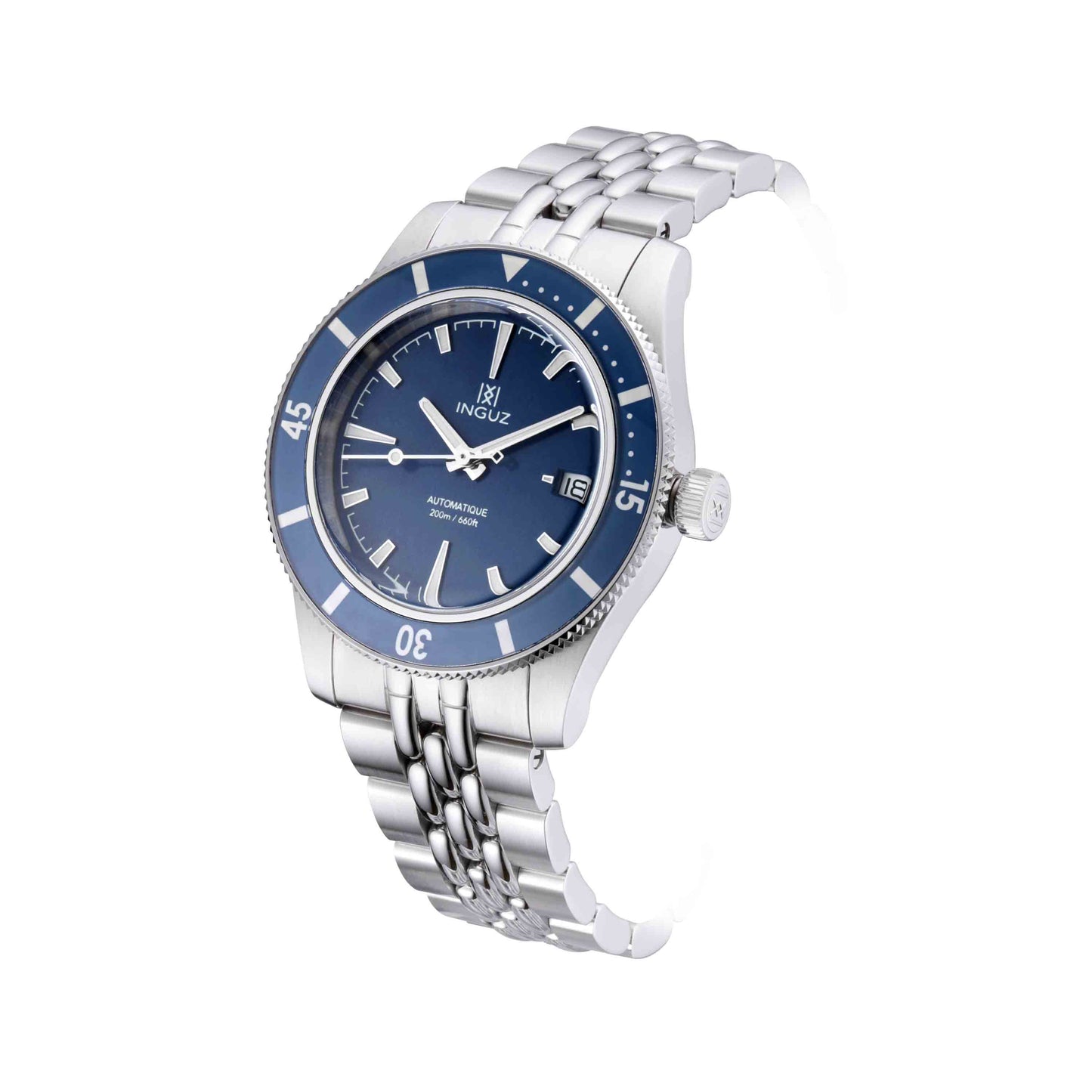 Montre Inguz La Teignouse cadran plat bleu bracelet acier grains de riz