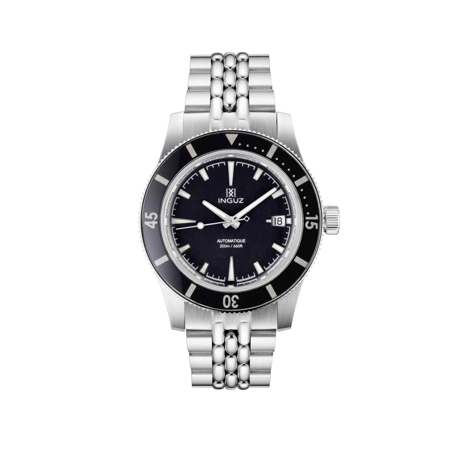 Montre Inguz La Teignouse cadran noir bracelet acier grains de riz