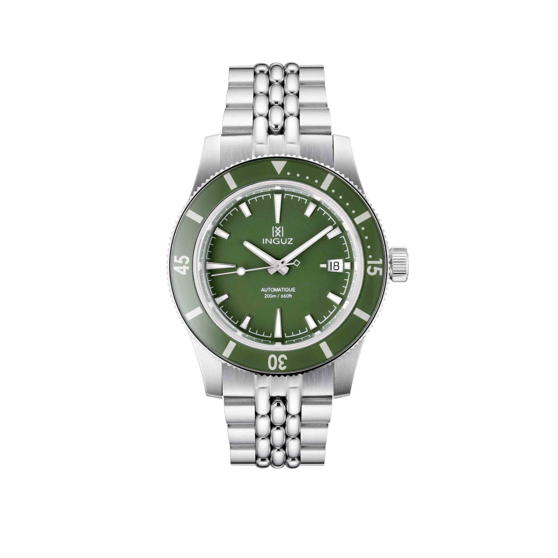 Montre Inguz La Teignouse cadran vert bracelet acier grains de riz