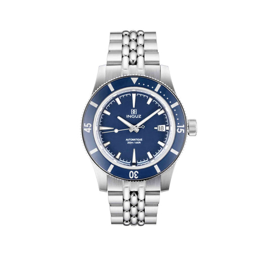 Montre Inguz La Teignouse cadran plat bleu bracelet acier grains de riz